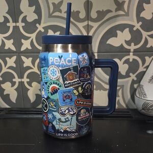 Life Is Good Blue Sticker-Style Insulated 50oz Travel Mug with Handle and Straw